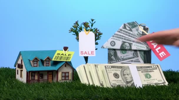 Stack of money next to houses for sale — Stock Video