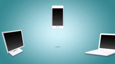 Beyaz çizgi Smartphone bağlanma bilgisayar ekranı ve laptop, küresel iş kavramı ile 