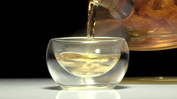 Nahaufnahme Einer Teekanne Die Tee Eine Glasschale Gießt — Stockvideo