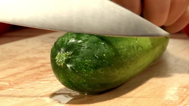 Close View Female Hand Cutting Cucumber Pieces Knife — Stock Video