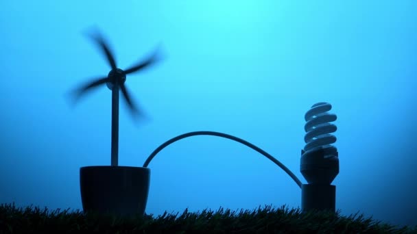 小风机旋转和转向灯泡 能源概念 — 图库视频影像