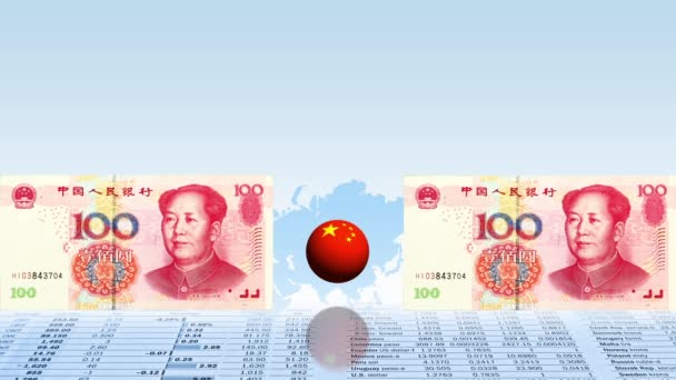 世界地图上的中国货币和球体 经济概念 — 图库视频影像