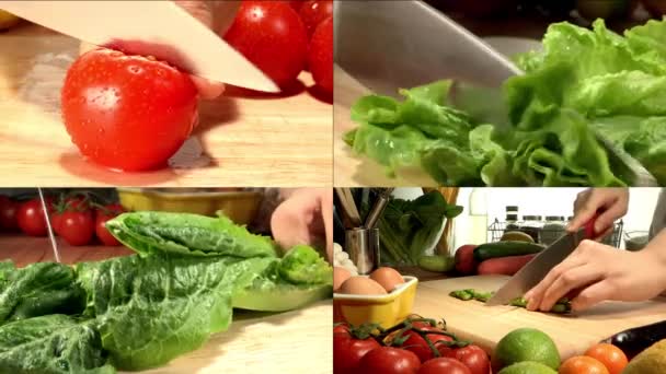Женские руки режут ингредиенты для салата — стоковое видео