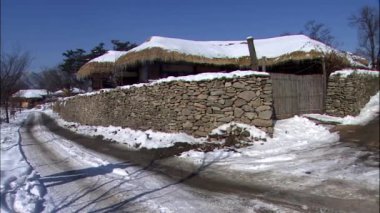 Ağaçlar ve arka plan üzerinde parlak mavi gökyüzü ile Güney Kore köy evleri