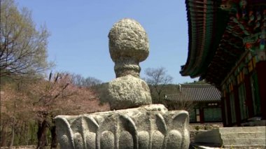 Arka planda bina ile geleneksel Kore tapınak taş Budist anıt portre çekim