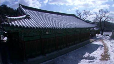 Arka plan üzerinde ağaçlar ve dağlar ile Güney Kore geleneksel temple binaların görünümü