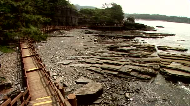 Turistas caminando sobre un puente de madera cerca del mar — Vídeo de stock