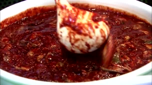 Closeup Hand Spoon Mixing Korean Traditional Food Bowl — Stock Video