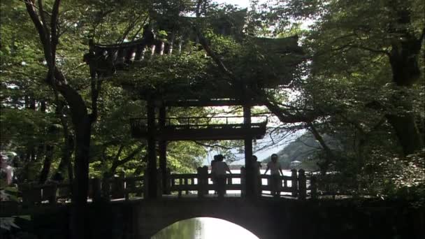 在韩国传统寺庙桥上行走站在树上的人们 — 图库视频影像