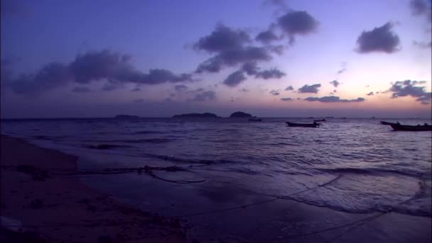 Harbor with fishing boats during sunset — Stock Video