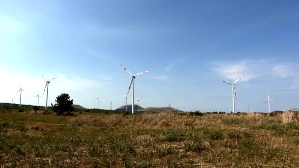 Generadores eólicos en el paisaje de la isla de Jeju — Vídeo de stock