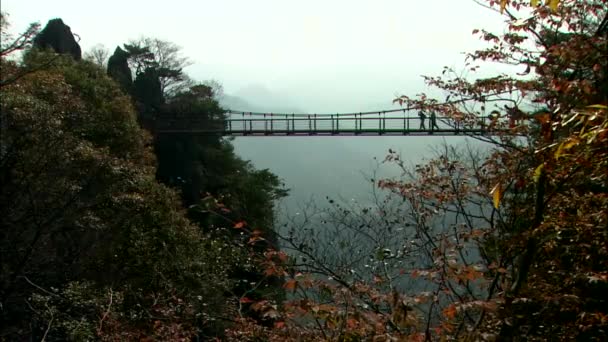 Coreanos Caminando Por Puente Colgante Alto Las Montañas — Vídeos de Stock