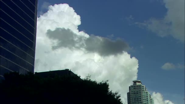 对蓝色多云天空的摩天大楼剪影的看法 — 图库视频影像