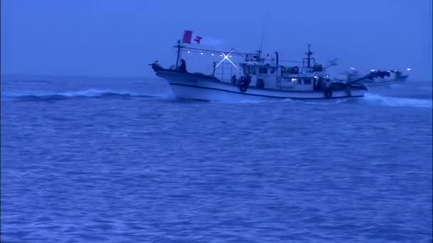 Boat floating in sea at dusk — Stock Video