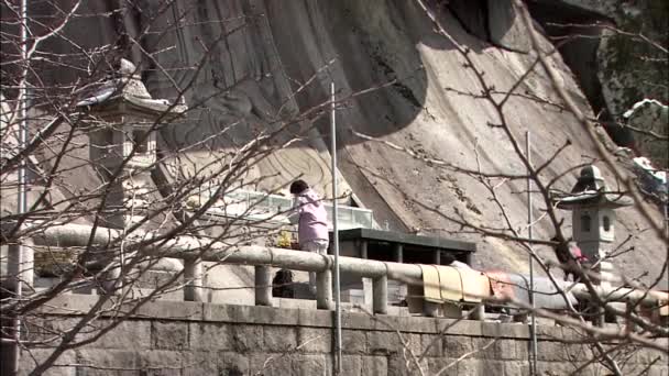 Vista Posteriore Persone Che Pregano Pietra Monumento Buddha Corea Del — Video Stock