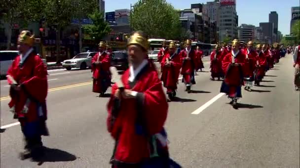 Κορεατική Παραδοσιακή Μουσική Παρέλαση Στην Jongmyo Στην Κορέα — Αρχείο Βίντεο
