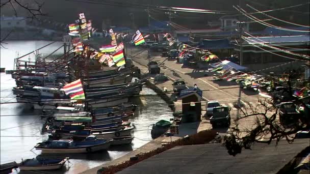 Blick Auf Schiffe Boote Und Autos Hafen Mit Windigen Flaggen — Stockvideo