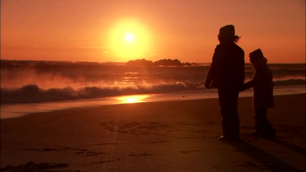 Criança com pai na praia de areia ao pôr do sol — Vídeo de Stock