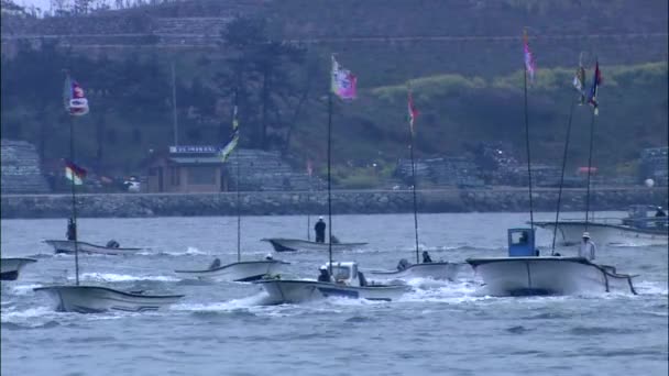 Bateaux dans le port avec des drapeaux — Video