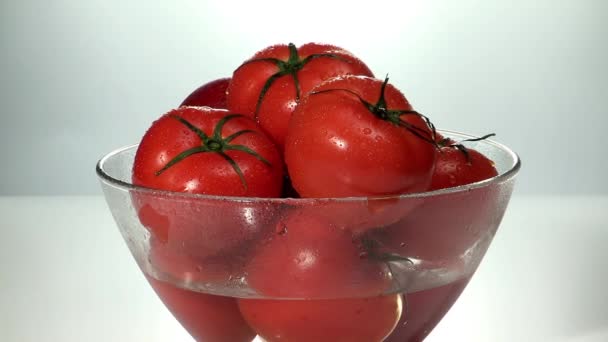 Tomatoes with water in glass bowl — Stock Video