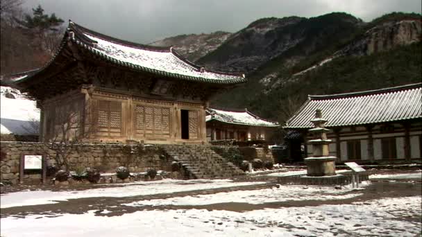 传统的韩国寺庙建筑与山上的庭院纪念碑在背景 — 图库视频影像