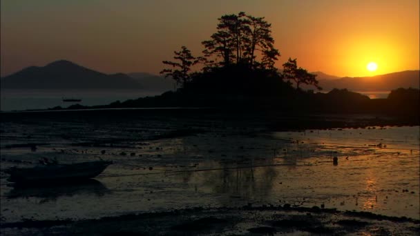 Pomarańczowy Zachód słońca odbijające się na powierzchni morza — Wideo stockowe