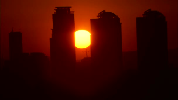 Silhouettes de bâtiments au lever du soleil — Video
