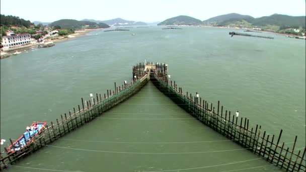 Vista Superior Construção Madeira Com Barco Ancorado Superfície Mar Coreia — Vídeo de Stock