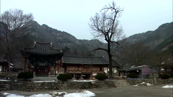 Panorering Skott Traditionella Koreanska Tempelbyggnader Med Berg Bakgrund — Stockvideo