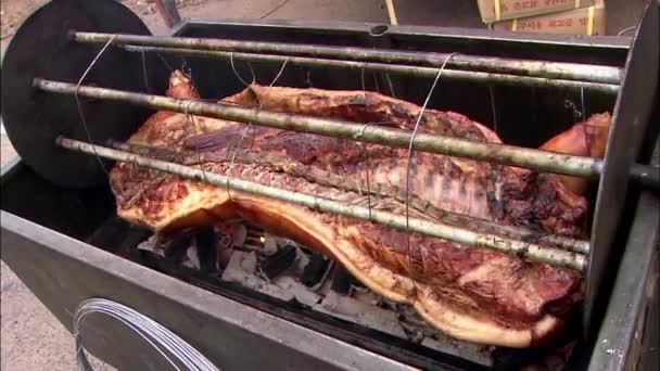 Carne Cerdo Cocinada Sobre Carbones Chungdo Gun Gyeongbok Corea — Vídeo de stock