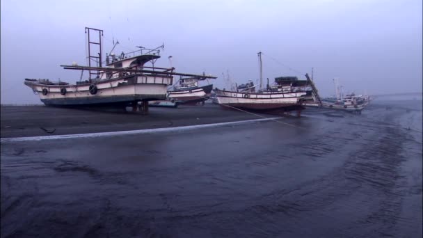 Fishing boats on mud flat — Stock Video