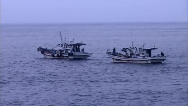 Barcos de pesca flotando en el mar — Vídeos de Stock