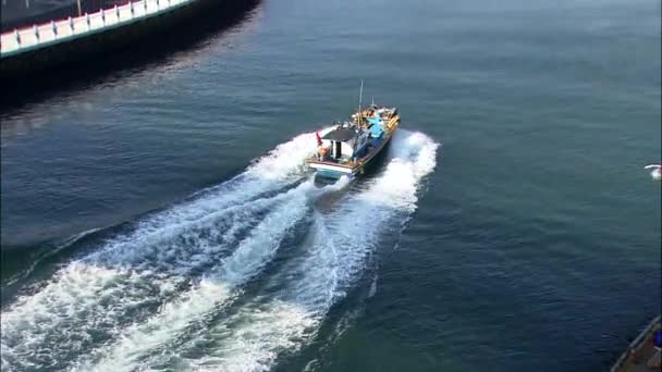 Barcos flotando en el río — Vídeo de stock