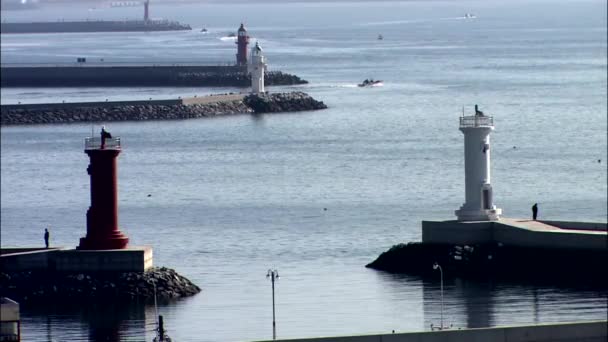 Lumières Les Gens Bateau Natation Sur Surface Eau Ondulée Corée — Video