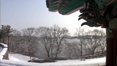 Karlı ağaçlar, Güney Kore'de siyah toplar ile taş duvar