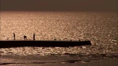 Grup günbatımı, tarihleri-si, Gangwon-do, Kore köpüklü denize karşı iskelede insan