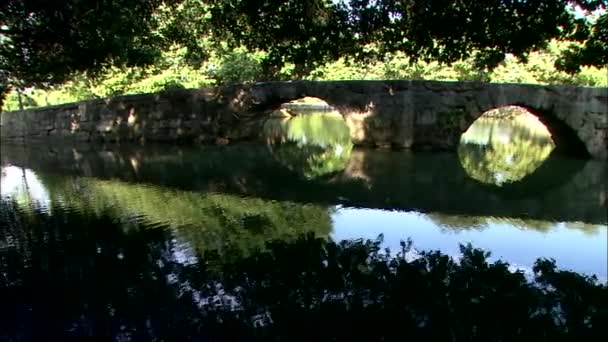 古庙区树木阴影下的石桥倒影 — 图库视频影像
