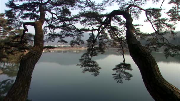 Gammal traditionell byggnad på sjön i Korea — Stockvideo