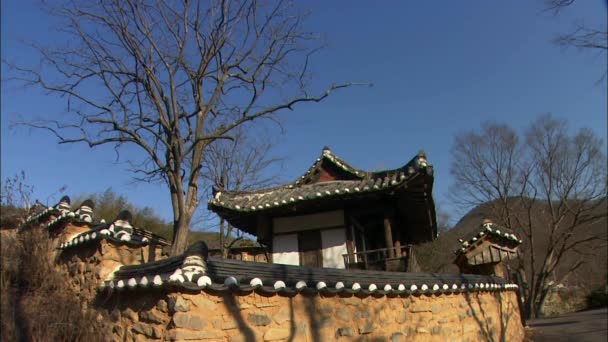 Edificio Tradizionale Tempio Corea Del Sud Con Alberi Montagne Sullo — Video Stock