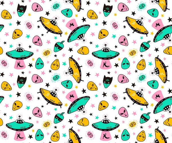 Seamless patterns with funny ufo. — Stock Vector