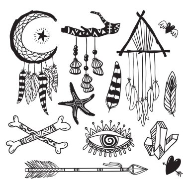 Boho tarzı el çizilmiş öğeleri