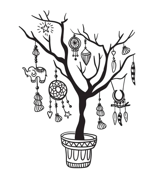 Arbre avec décorations boho — Image vectorielle