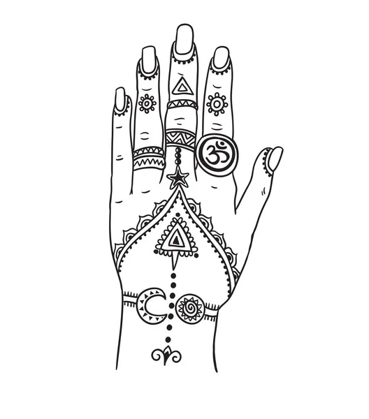 Mano de mujer con mehendi mágico y joyería boho — Archivo Imágenes Vectoriales