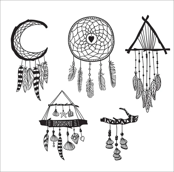 Dreamcatchers kümesi. Boho tarzı tasarım öğeleri — Stok Vektör