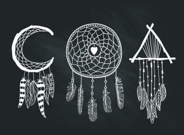 Dreamcatchers kümesi. Boho tarzı tasarım öğeleri.