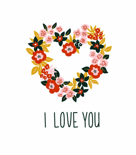 Tarjeta con corazón floral y letras - 'Te amo' . — Vector de stock