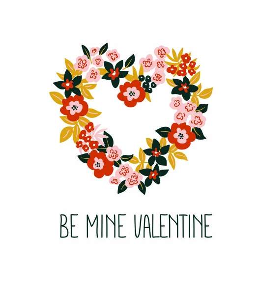 Biglietto con cuore floreale e lettering - 'be mine valentine' . — Vettoriale Stock