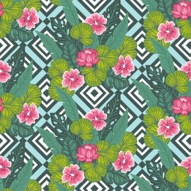 Tropic hibiscus çiçek palmiye yaprakları ile