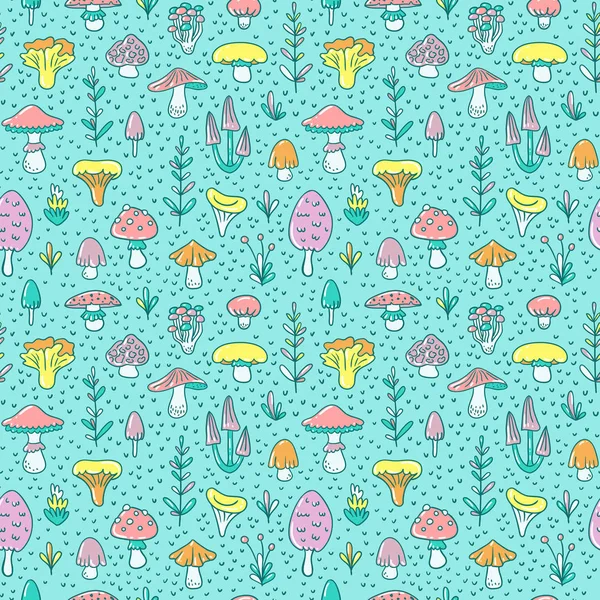 Seamless pattern with cartoon mushrooms and toadstools — Stock Vector