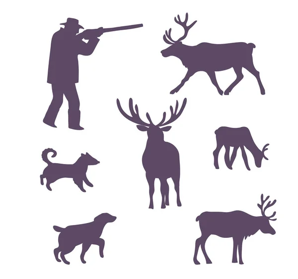Avcı, av geyik ve köpekler — Stok Vektör